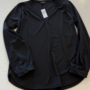 S New Ann Taylor Factory Black Blouse Long Sleeves Gathered Accent Shoulder Top